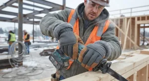 Professional worker wearing breathable, fleece-lined work gloves on a cold job site, reliable protection under $30.