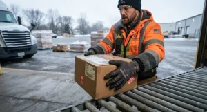 Warehouse employee wearing breathable thermal work gloves for outdoor labor while moving shipments in a cold climate.