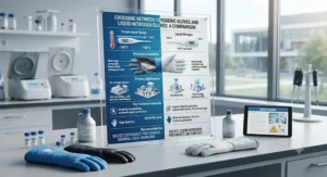 Infographic chart comparing thermal protection levels and applications for cryogenic gloves vs liquid nitrogen gloves.
