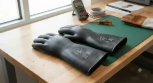 Pair of Class 0 rubber insulating gloves for electricians laid out neatly on a workbench.
