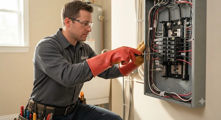 Professional residential electrician wearing Class 00 electrical gloves while performing safe electrical panel maintenance.