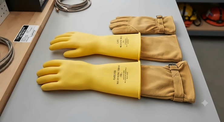 A pair of yellow Class 2 high voltage rubber insulating gloves laid out neatly with leather protectors for electrical line work.