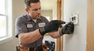 HVAC technician adjusting thermostat wiring while wearing comfortable low voltage gloves.