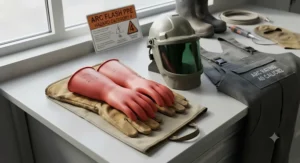 Complete arc flash PPE kit featuring rubber insulating gloves with leather protectors on a workbench.