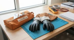 Complete safety kit featuring rubber insulating gloves for electricians with rolled cuffs and leather protectors.