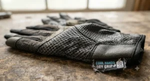 Macro view of moisture wicking mesh fabric on budget work gloves under $20 for hot weather.