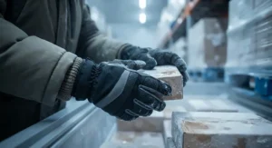 Close-up of a cold storage employee using dexterous, thermal-lined gloves to handle small packages in a freezer unit.