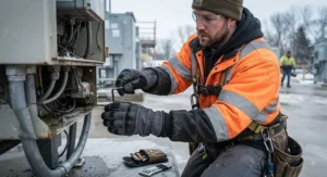 Worker wearing dexterous thermal work gloves for outdoor labor to perform detailed maintenance tasks in chilly temperatures.