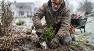 Durable leather thermal work gloves for outdoor labor used during cold-weather landscaping and yard work.