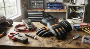 Durable low voltage gloves resting next to standard HVAC diagnostic testing tools.