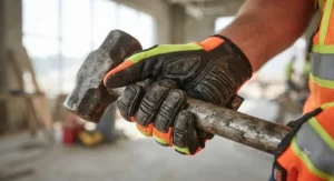 Close-up of textured rubber grip on hi-viz work gloves for construction sites handling tools securely.