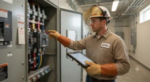 Electrician safely inspecting commercial switchgear equipment wearing rated arc flash protective gloves.