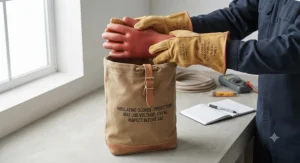 Electrician properly storing rubber insulating gloves and leather protector gloves in a canvas storage bag.