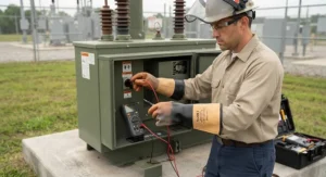 An electrical contractor wearing Class 2 high voltage lineman gloves while safely operating a pad-mounted electrical transformer.