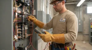 Professional electrician testing electrical panel voltage wearing certified leather protector arc flash gloves.