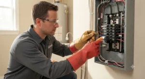 Electrician performing a circuit breaker inspection while protected by Class 00 electrical gloves.