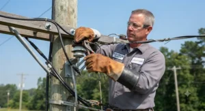Electrician wearing rubber insulating gloves with leather protectors while handling utility lines.