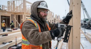 Tradesman wearing extreme cold weather Thinsulate lined work gloves during outdoor framing