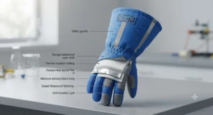 Detailed view highlighting waterproof multi-layer insulation and safety cuff features of cryogenic gloves.