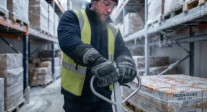 Warehouse worker wearing extended cuff freezer gloves for added wrist protection in cold environments.