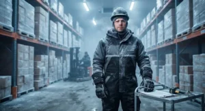 A cold storage employee fully equipped with thermal jacket and heavy-duty insulated gloves ready for a shift in a freezer warehouse.