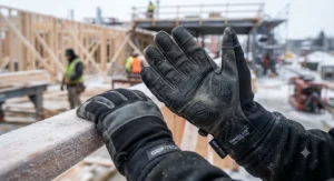 Textured grip palms on Thinsulate lined work gloves used by professional builders