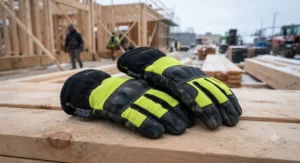 A pair of black and yellow Thinsulate lined work gloves for construction workers resting on lumber