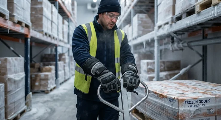 Durable heavy-duty freezer gloves designed for warehouse workers handling cold storage tasks.