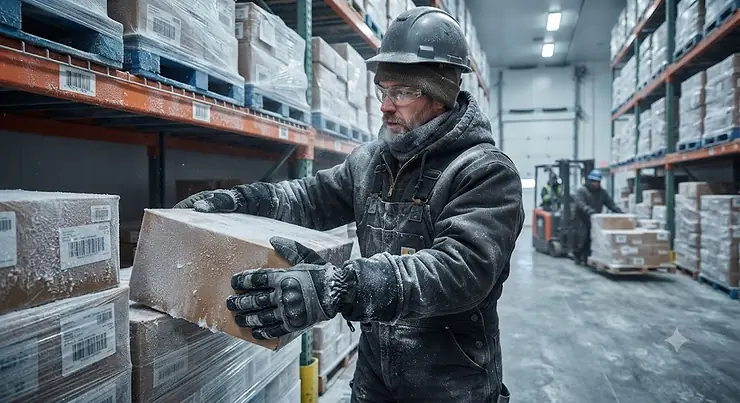 A warehouse worker wearing heavy-duty insulated gloves while organizing frozen inventory in a cold storage facility.
