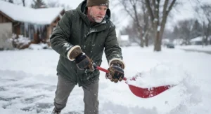 Man wearing heavy-duty wool-lined gloves while clearing snow in winter.