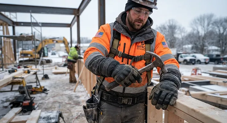 A construction worker wearing heavy-duty thermal work gloves for outdoor labor while handling tools in cold weather.