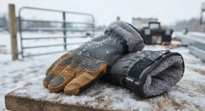 Close-up of heavy-duty, water-resistant fleece-lined work gloves suitable for winter outdoor projects, under $30.