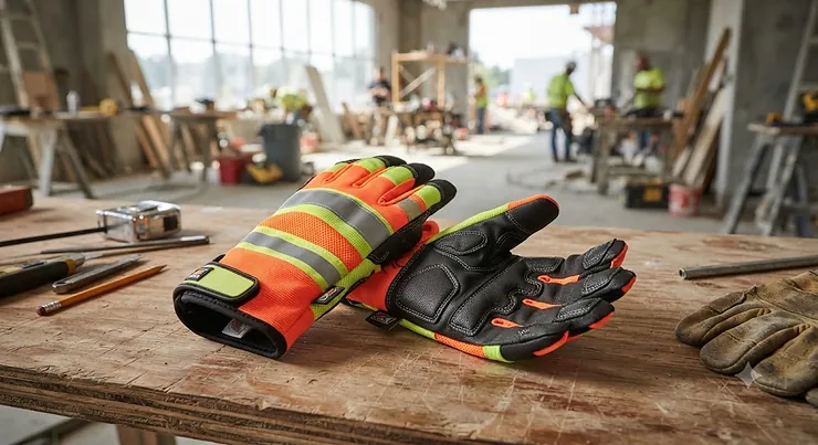 A pair of hi-viz work gloves for construction sites featuring reflective safety bands and durable palm padding.