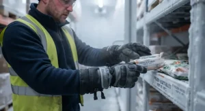 Employee using high-dexterity freezer gloves for precise picking tasks in a frozen warehouse aisle.