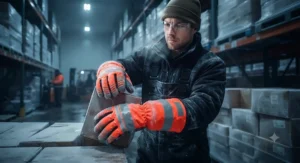 Warehouse staff member wearing high-visibility, insulated safety gloves while working in a dimly lit industrial freezer.