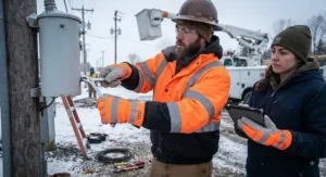 High-visibility thermal work gloves for outdoor labor worn by utility workers on a job site during winter.