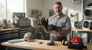 American HVAC contractor displaying safety equipment, highlighting certified low voltage gloves.