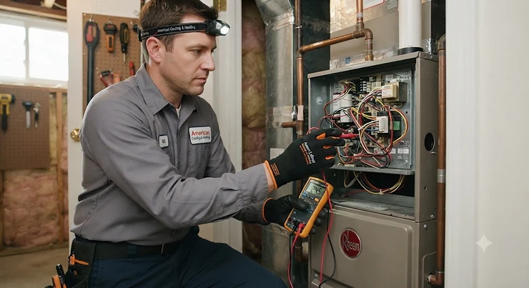 An HVAC technician wearing low voltage gloves while inspecting a residential control panel. low voltage gloves for HVAC technicians