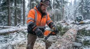 Insulated arctic work gloves for extreme cold jobs providing grip and dexterity for logging and forestry operations.