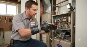 Technician using insulated low voltage gloves to safely service an HVAC system unit.