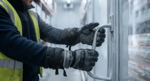 Insulated freezer gloves with enhanced grip for cold storage warehouse workers.