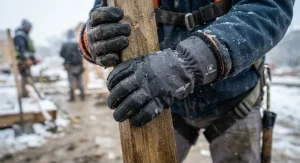 Close-up of insulated, waterproof thermal work gloves for outdoor labor being used in wet, wintry conditions.