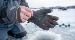 Demonstration of the textured grip on insulated work gloves for ice fishing while handling a wet fishing line.