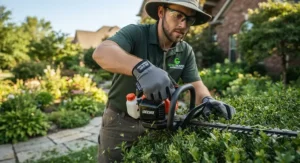A professional landscaper trimming bushes wearing moisture wicking work gloves under $20.