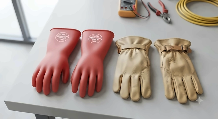 Side-by-side comparison of leather protector gloves and rubber insulating gloves used in electrical work. leather protector gloves vs rubber insulating gloves
