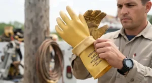 A certified power lineman inspecting the rolled cuff and finger dexterity of Class 2 high voltage gloves before starting work.