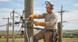 Lineman repairing high-voltage power lines while wearing durable arc flash safety gloves.