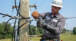 Lineman working on a utility pole while wearing heavy-duty rubber insulating gloves for electricians.