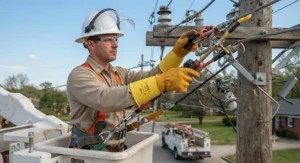 An electric utility lineman wearing Class 2 high voltage gloves and full PPE while preparing for overhead power line maintenance.