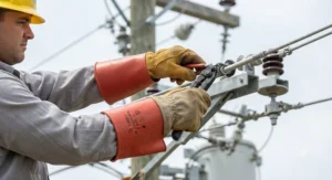 Utility lineman wearing rubber insulating gloves with leather protector gloves over them for safety.